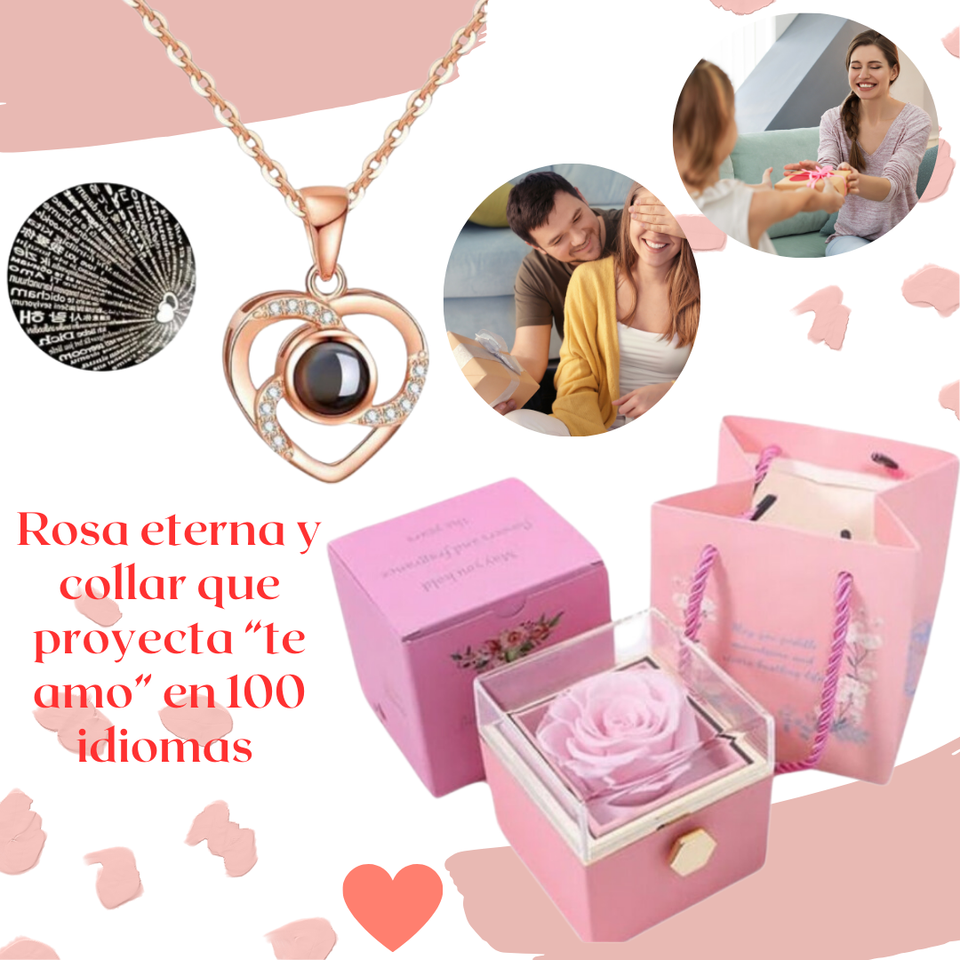 PACK ROSA ETERNA + CAJA MÁGICA PREMIUM + COLLAR TE AMO 1OO IDIOMAS.